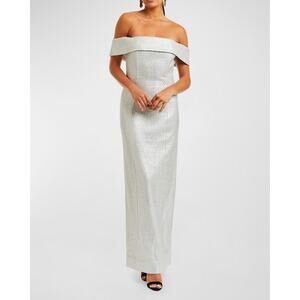 Mestiza New York Mona Silver Metallic Tweed Off the Shoulder Formal Gown 14